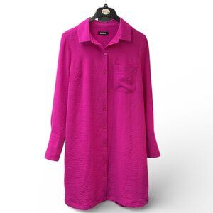 DKNY Pink Button-Front Shirt Dress | Collared Long Sleeve | Size Medium